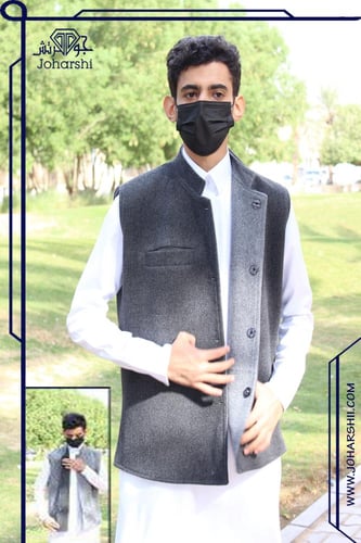 سديري رجالي شتوي جوخ دبل فيس لون اسود مع رمادي - س...