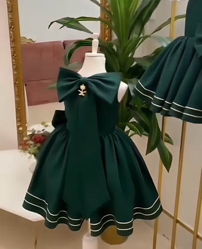 فستان اخضر اليوم الوطني بناتي خيوط ذهبي