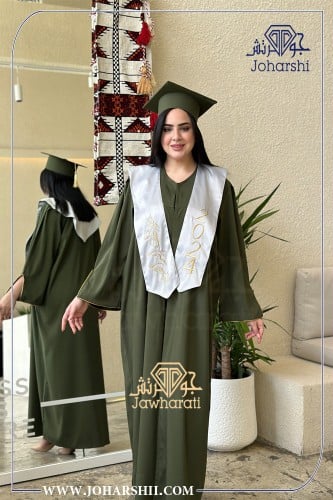 عباية تخرج زيتي مع وشاح التخرج للبنات ابيض - عبايا...