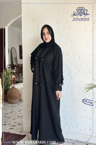 عباية كتان سوداء اسواره مع أزرار ذهبية