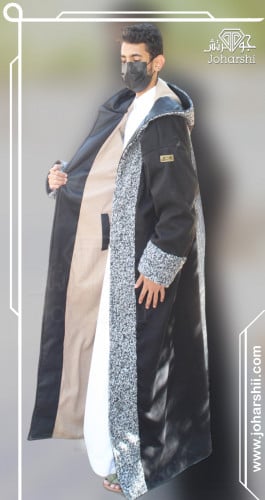 فروة شتوية رجالية دبل فيس جوخ بيج وأسود مع شال أني...