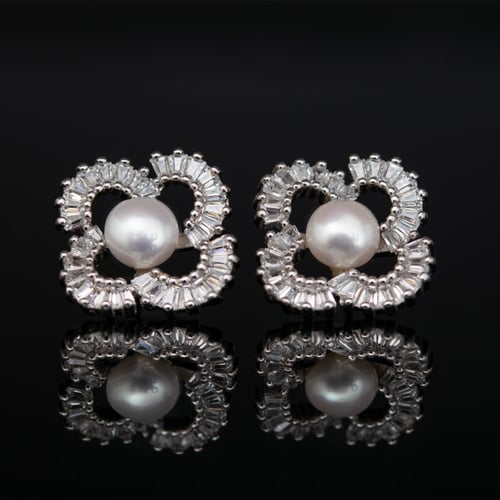 حلق فضة تصميم الألماس حجر باجيت ولؤلؤ