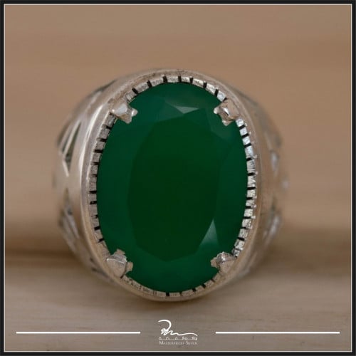 خاتم رجالي حجر الجاد الطبيعي واحجار الزركون