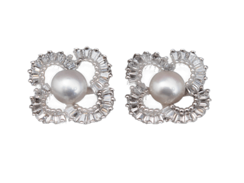 حلق فضة تصميم الألماس حجر باجيت ولؤلؤ