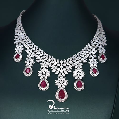 طقم نسائي فضة مرصع زهري فخم