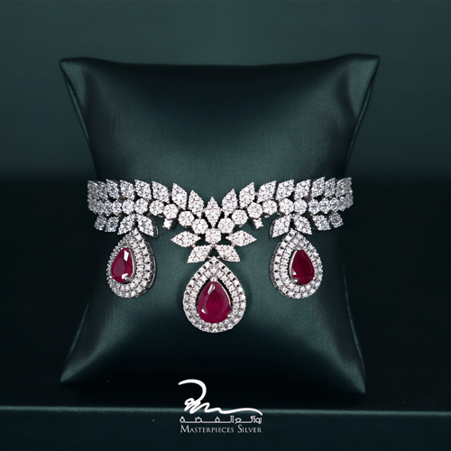 طقم نسائي فضة مرصع زهري فخم