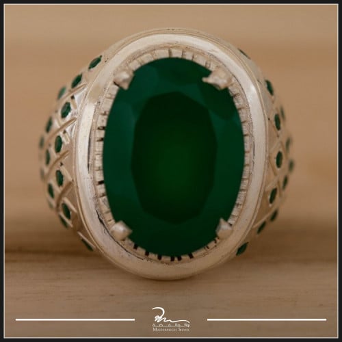 خاتم رجالي حجر الجاد الطبيعي واحجار الزركون