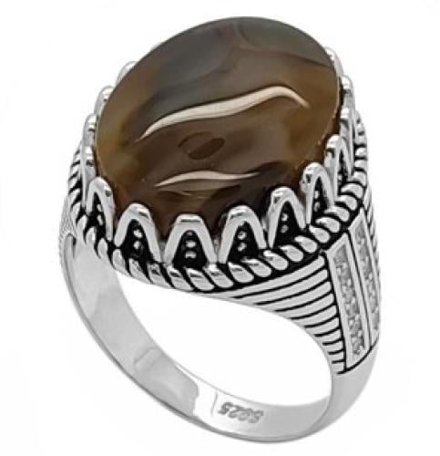 خاتم رجالي فضة عيار 925 حجر عقيق مزهر