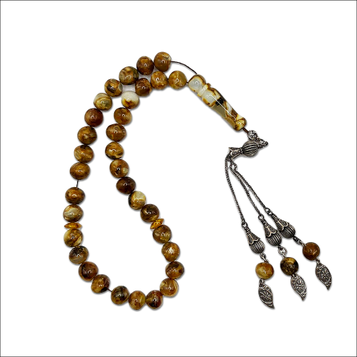 سبحة كهرمان بولندي دائري مموج كبس مزينة بشراب فضة...