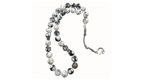 سبحة حجر عقيق منشور ابيض عروق بالفضة عيار 925