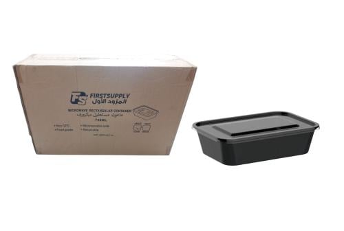 First Supply | Microwave Plastic Rectangle Containers | Black | With Clear Lid | 750 ml | Carton | 250 pcs