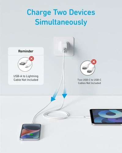 انكر | شاحن جداري بمنفذين USB + USB-C أبيض