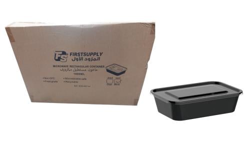 First Supply | Microwave Plastic Rectangle Containers | Black | With Clear Lid | 1000 ml | Carton | 250 pcs