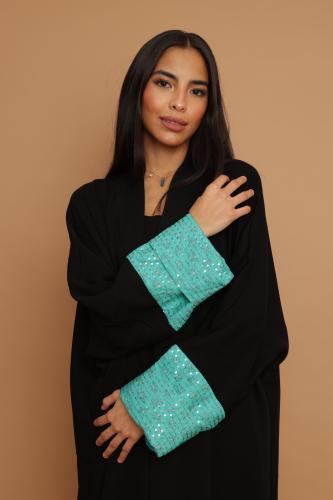 Black Crepe with Turquoise Cotton Sleeves Abaya ~