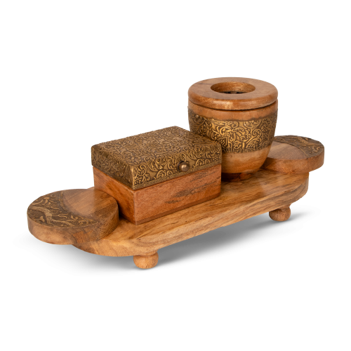 طقم مباخر مع صينة بمسكة بني فاتح