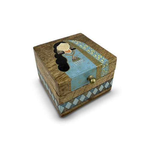 حافظة بخور زَخْرَفَة - خشبية مربعة بنقش فني (ازرق...