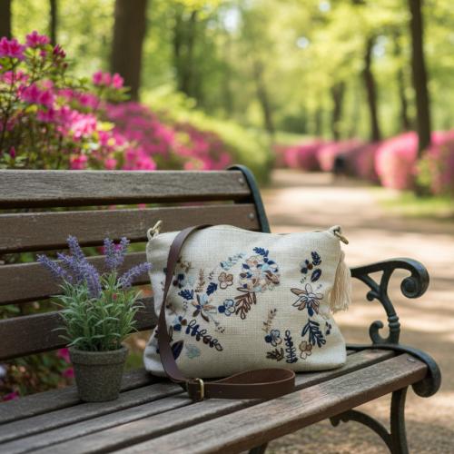 Medium Cross Navy flower - Medium cross bag with n...