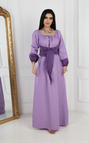 فستان بحزام ربط لون موف