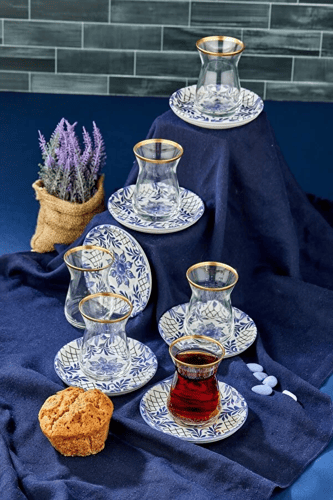 طقم استكانات الزهور الزرقاء تركي