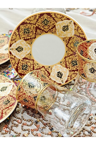 طقم استكانات تركي عنابي