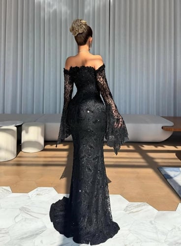 فستان سهرة أسود أوف شولدر دانتيل فاخر بتطريز خرز