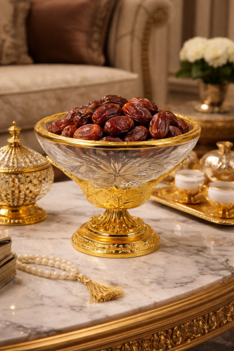 Glass date tray with gold edges and base, royal engravings