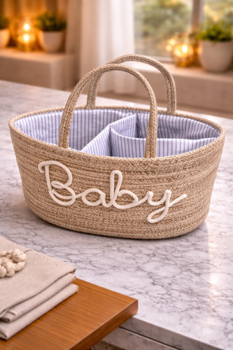 Elegant beige baby items storage basket with cotton ropes
