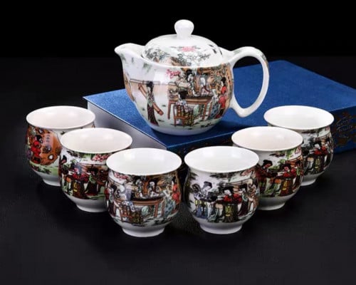 طقم شاي مكون من 8 قطع الكوب دبل مزخرف بالثقافة الص...