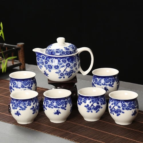 طقم شاي مكون من 8 قطع الكوب دبل مزخرف باللون الازر...