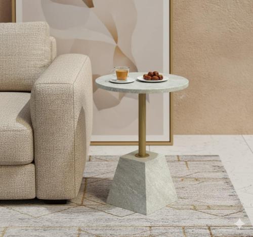 طاولة جانبية دائرية ببديل رخام وعمود معدني ذهبي