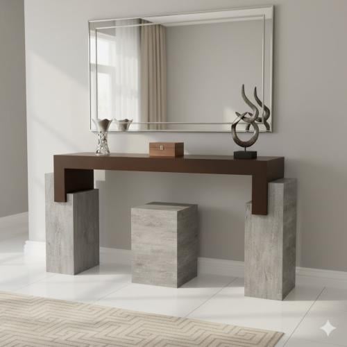 طاولة كونسول بسطح بني وقواعد بديل رخام رمادي