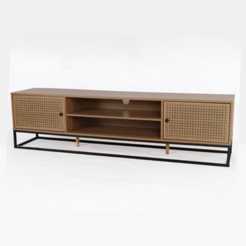 طاولة تلفزيون خشبية بأبواب رتان وقاعدة معدنية عصري...