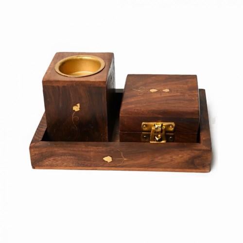 طقم مبخرة مربع مع قاعدة و علبة خشب هندي