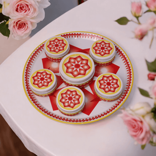 طقم صحن تقديم غضار استيل احمر