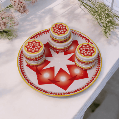 طقم صحن تقديم غضار استيل احمر