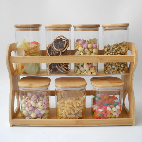 مجموعة علب بهارات زجاج بغطاء خشب مع استند خشبي