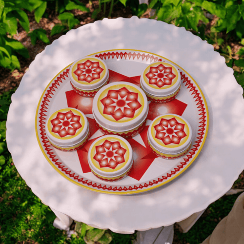 طقم صحن تقديم غضار استيل احمر