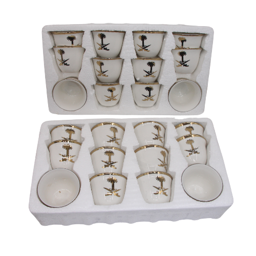 فناجيل قهوة سيفين ونخلة مذهبة بنقوش تراثية رائعة م...