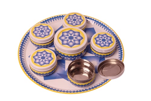 طقم صحن تقديم غضار استيل ازرق