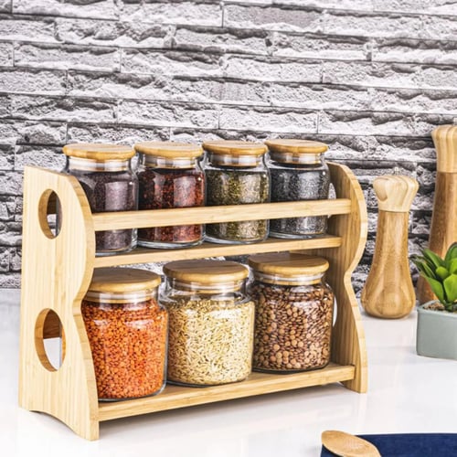 مجموعة علب بهارات زجاج بغطاء خشب مع استند خشبي