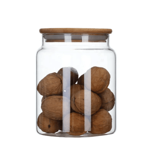 مجموعة علب بهارات زجاج بغطاء خشب مع استند خشبي