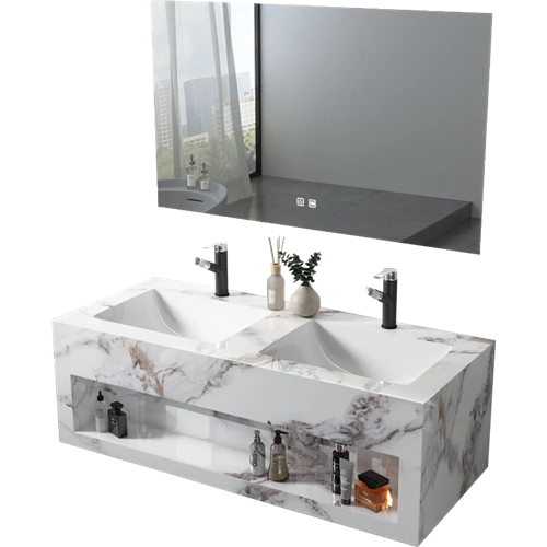 مغسلة رخام صندوق ابيض عروق رمادي بني مع مراية ليد...