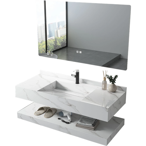 مغسلة رخام دورين حوض شلال ابيض عروق رمادي مع مراية...