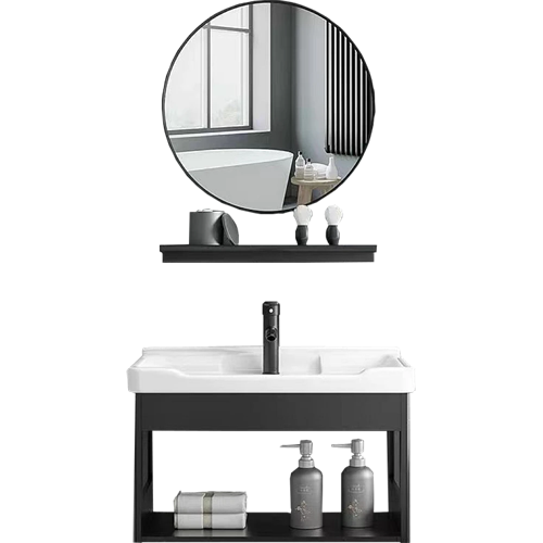 مغسلة المنيوم مع مراية دائري مع رف اسود (تُضاف رسو...