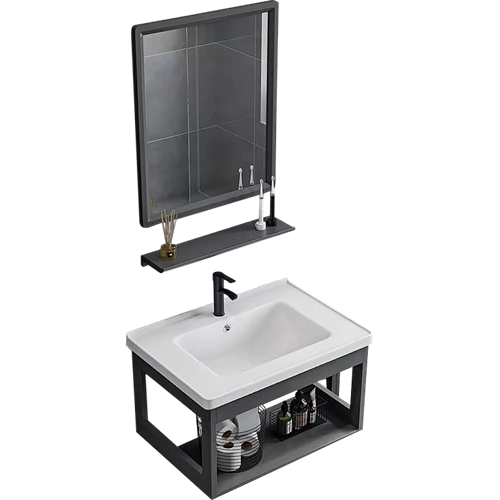 مغسلة المنيوم مع مراية مستطيل مع رف اسود قطعتين (ت...