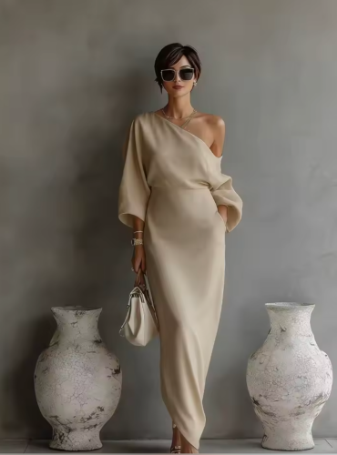 A sexy maxi dress with one shoulder and long sleeves for Spring 2026, an asymmetrical collar with slits, long dresses for women, a...