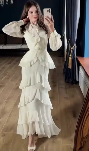 Elegant maxi dress with a round neckline and multiple layered ruffles for women, long chiffon dress with long sleeves and high wai...