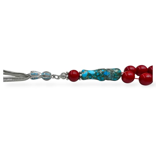 سبحة المرجان الطبيعي 33 خرزة المطعم بالفيروز الطبي...