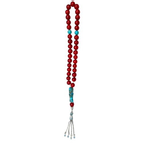 سبحة المرجان الطبيعي 33 خرزة المطعم بالفيروز الطبي...