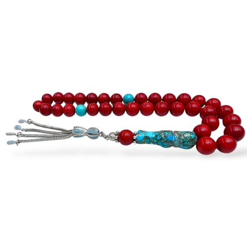 سبحة المرجان الطبيعي 33 خرزة المطعم بالفيروز الطبي...